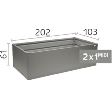 Kovový vyvýšený záhon s rozmermi 202 krát 103 krát 61 centimetrov.