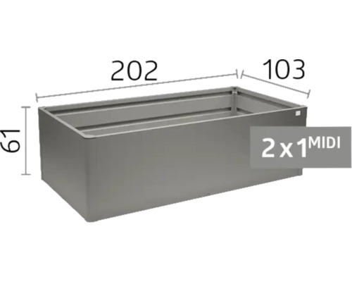 Kovový vyvýšený záhon s rozmermi 202 krát 103 krát 61 centimetrov.