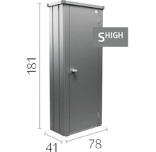 Kovová záhradná skriňa s jednými dverami, rozmery 181 krát 78 krát 41 centimetrov, vrátane SHIGH Logo.