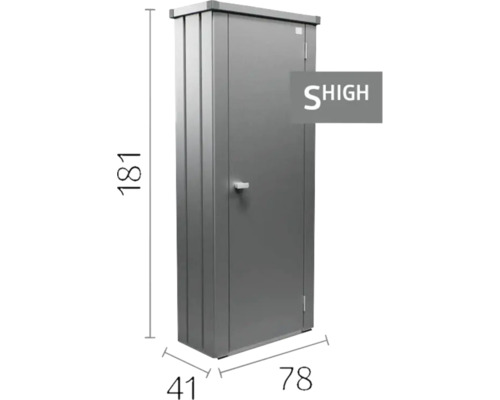 Kovová záhradná skriňa s jednými dverami, rozmery 181 krát 78 krát 41 centimetrov, vrátane SHIGH Logo.