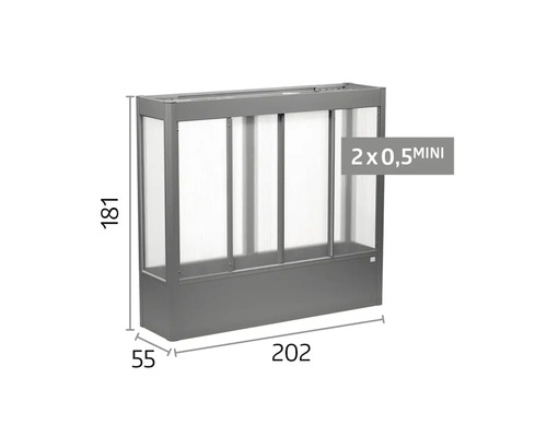 Sivý skleník s priesvitnými panelmi, výška 181 centimetrov, dĺžka 202 centimetrov, šírka 55 centimetrov.