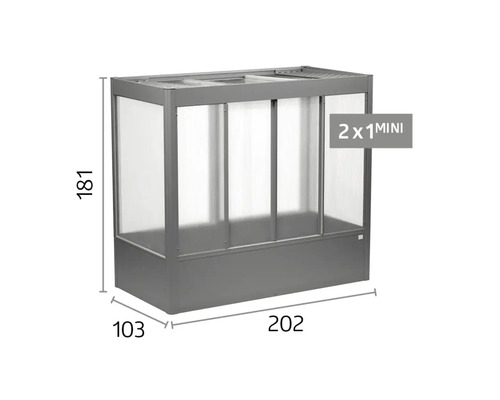 Vyvýšený záhon Biohort Mini s nadstavcom na parenisko, rozmery 202 krát 103 krát 181 centimetrov.