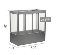 Šedý vyvýšený záhon so skleníkovým nástavcom 2 x 1 MIDI, šírka 202 centimetrov, hĺbka 103 centimetrov, výška 197 centimetrov.