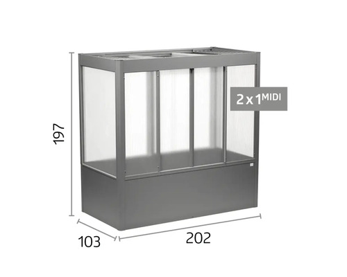 Šedý vyvýšený záhon so skleníkovým nástavcom 2 x 1 MIDI, šírka 202 centimetrov, hĺbka 103 centimetrov, výška 197 centimetrov.