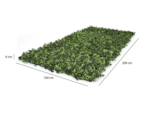 Umelý živý plot, rozmery 100 centimetrov krát 200 centimetrov, hĺbka 6 centimetrov.