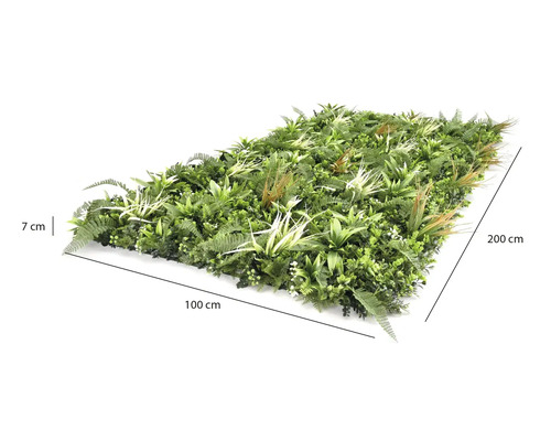 Umelá rastlinná stena s papraďami a trávami, šírka 100 centimetrov, výška 200 centimetrov, hĺbka 7 centimetrov.
