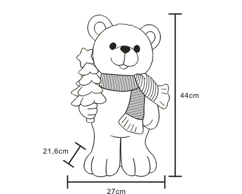 Ilustrácia dekoratívneho medveďa so šálom a stromčekom, rozmery: výška 44 centimetrov, šírka 27 centimetrov, hĺbka 21,6 centimetrov.