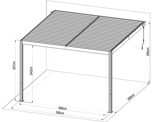 Technický výkres pergoly s lamelovou strechou, šírka 395 centimetrov, hĺbka 390 centimetrov, celková výška 260 centimetrov.