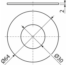 Technický výkres podložky s vonkajším priemerom 64 milimetrov, vnútorným priemerom 30 milimetrov a hrúbkou 2 milimetre.