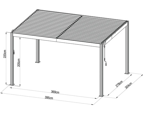 Rozmerový nákres pergoly s lamelovou strechou, výška 220 cm, šírka 395 cm, hĺbka 304 cm.