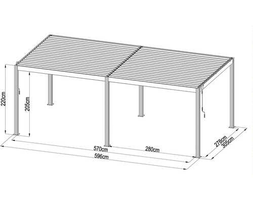 Technický nákres pergoly: šírka 596 centimetrov, hĺbka 305 centimetrov, výška 220 centimetrov, svetlá výška 205 centimetrov.