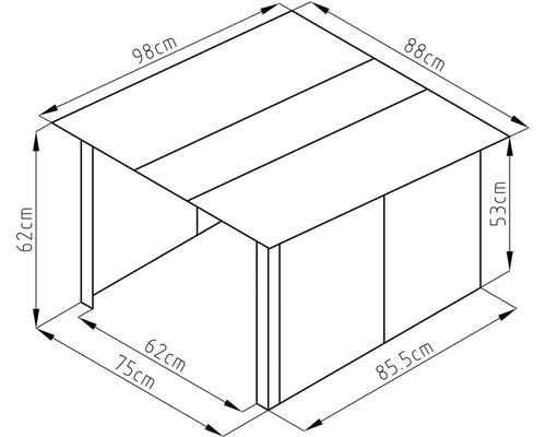 Technický výkres garáže pre robotickú kosačku s rozmermi: šírka 98 centimetrov, hĺbka 88 centimetrov, výška až 62 centimetrov.
