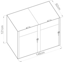 Technický nákres boxu na smetné koše s rozmermi 146 centimetrov šírka, 121 centimetrov výška a 82 centimetrov hĺbka.