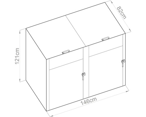 Technický nákres boxu na smetné koše s rozmermi 146 centimetrov šírka, 121 centimetrov výška a 82 centimetrov hĺbka.