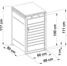 Technický nákres boxu na smetné nádoby s výškou 117 centimetrov, šírkou 68 centimetrov a hĺbkou 80 centimetrov.