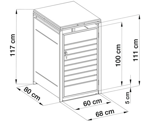 Technický nákres boxu na smetné nádoby s výškou 117 centimetrov, šírkou 68 centimetrov a hĺbkou 80 centimetrov.
