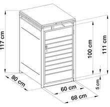 Technický nákres boxu na smetné nádoby: šírka 68 centimetrov, hĺbka 80 centimetrov, výška 117 centimetrov. Otvor 100 centimetrov.