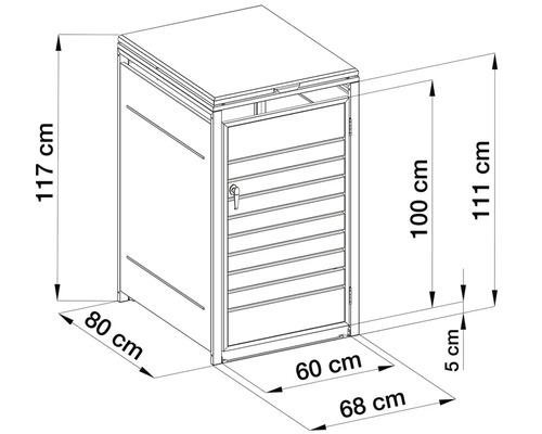 Technický nákres boxu na smetné nádoby: šírka 68 centimetrov, hĺbka 80 centimetrov, výška 117 centimetrov. Otvor 100 centimetrov.