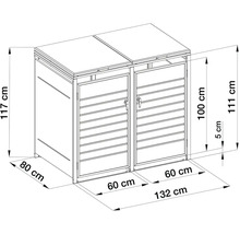 Technický nákres boxu na dve smetné nádoby s rozmermi: šírka 132 centimetrov, hĺbka 80 centimetrov, výška 117 centimetrov.