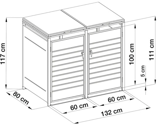 Technický nákres boxu na dve smetné nádoby s rozmermi: šírka 132 centimetrov, hĺbka 80 centimetrov, výška 117 centimetrov.