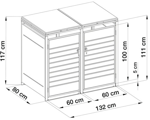 Technický výkres boxu na dve popolnice s rozmermi 132 centimetrov šírky, 80 centimetrov hĺbky a 117 centimetrov výšky.
