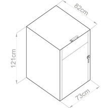 Rozmerový výkres skrine s výškou 121 centimetrov, hĺbkou 82 centimetrov a šírkou 73 centimetrov.