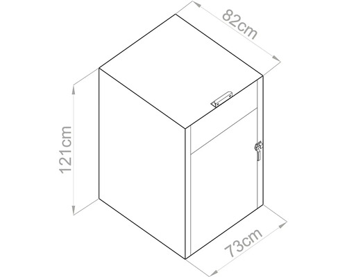 Rozmerový výkres skrine s výškou 121 centimetrov, hĺbkou 82 centimetrov a šírkou 73 centimetrov.