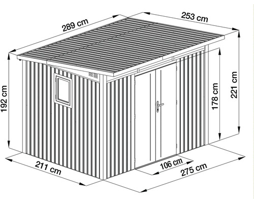 Technický výkres kovového záhradného domčeka s pultovou strechou, dverami a oknom, vrátane rozmerov ako šírka 289 centimetrov.