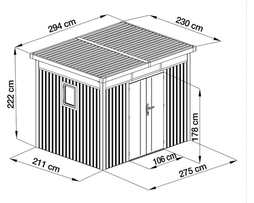 Rozmerový nákres záhradného domčeka, šírka 294 centimetrov, hĺbka 230 centimetrov, výška 222 centimetrov.