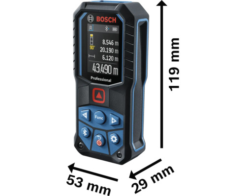Bosch Logo na diaľkomere Bosch Professional. Rozmery: výška 119 milimetrov, šírka 53 milimetrov, hĺbka 29 milimetrov.