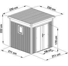 Technický nákres záhradného domčeka s rozmermi: výška 222 centimetrov, strecha 230 na 230 centimetrov a základňa 211 na 211 centimetrov.