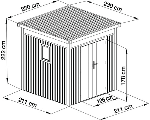 Technický nákres záhradného domčeka s rozmermi: výška 222 centimetrov, strecha 230 na 230 centimetrov a základňa 211 na 211 centimetrov.