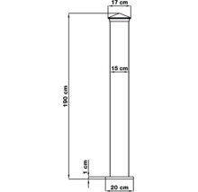 Technický nákres stĺpika: výška 190 centimetrov, šírka 15 centimetrov, krytka 17 centimetrov, základňa 20 centimetrov, hrúbka 1 centimeter.