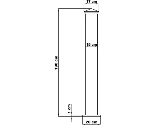 Technický nákres stĺpika: výška 190 centimetrov, šírka 15 centimetrov, krytka 17 centimetrov, základňa 20 centimetrov, hrúbka 1 centimeter.