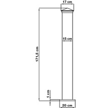 Technický nákres plotového stĺpika: celková výška 171,5 centimetra, šírka 15 centimetrov, krytka 17 centimetrov a základňa 20 centimetrov.