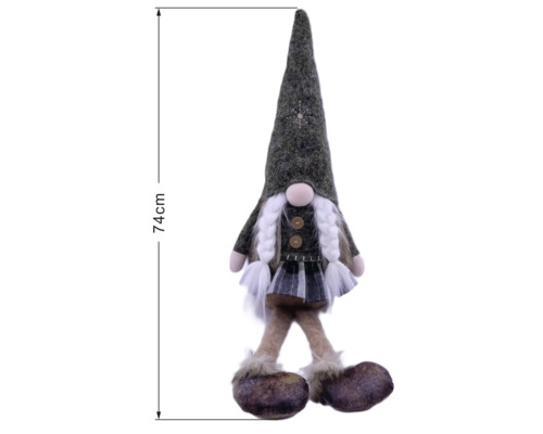 Vianočný škriatok dievča s vrkočmi, sukňou a špicatou čiapkou, výška 74 centimetrov.