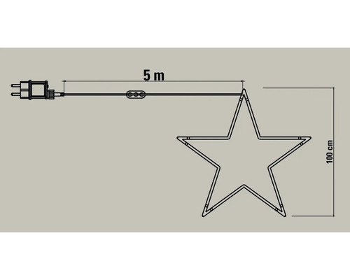 Nákres svetelnej dekorácie v tvare hviezdy s rozmermi: prívodný kábel 5 metrov a výška 100 centimetrov.