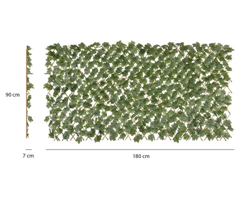 Teleskopická zástena s umelým brečtanom na drevenej mriežke, výška 90 centimetrov, šírka 180 centimetrov a hĺbka 7 centimetrov.