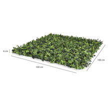 Umelý živý plot so zelenými listami, 100 centimetrov krát 100 centimetrov, výška 6 centimetrov.
