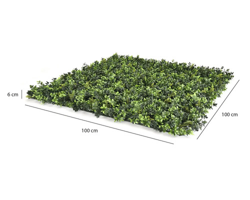 Umelý živý plot so zelenými listami, 100 centimetrov krát 100 centimetrov, výška 6 centimetrov.