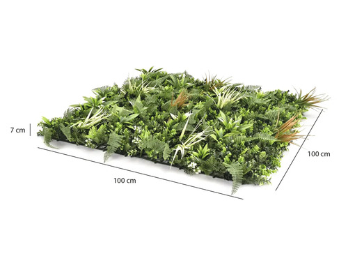 Panel s umelými rastlinami s papraďami a trávami, rozmery 100 krát 100 centimetrov, výška 7 centimetrov.