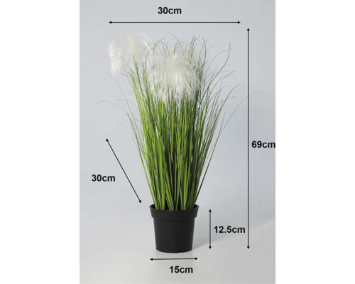Umelá tráva v čiernom kvetináči s rozmermi: celková výška 69 centimetrov, šírka 30 centimetrov, priemer kvetináča 15 centimetrov.