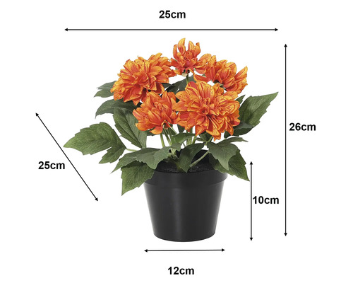 Umelá dália v čiernom kvetináči: výška 26 centimetrov, šírka 25 centimetrov, výška kvetináča 10 centimetrov, priemer dna 12 centimetrov.
