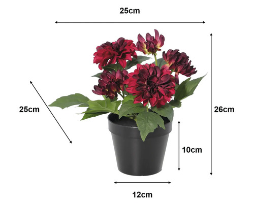 Červená umelá dália v kvetináči, výška 26 centimetrov, šírka 25 centimetrov, hĺbka 25 centimetrov, kvetináč 10 centimetrov, priemer dna 12 centimetrov.
