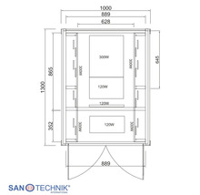 Technický výkres infrasauny s rozmermi a výkonmi žiaričov vo wattoch, Sanotechnik International Logo.