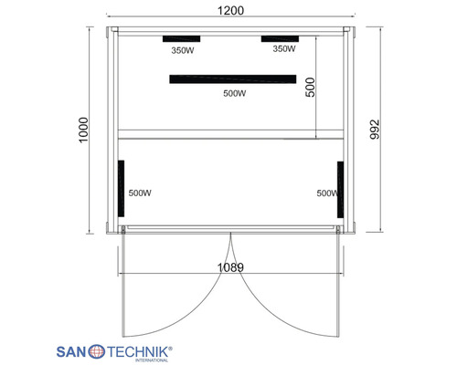 Technický výkres infrasauny Sanotechnik s rozmermi a vykurovacími telesami s výkonom 350 Watt a 500 Watt. Sanotechnik International Logo.