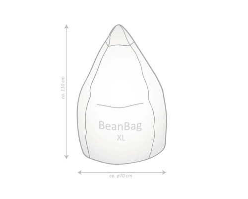 Nákres sedacieho vaku BeanBag XL s rozmermi: výška približne 110 cm a priemer približne 70 cm.