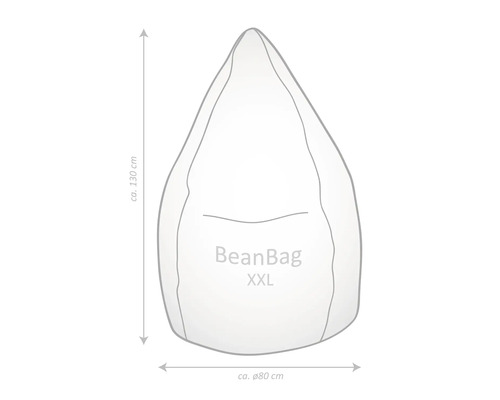 Schematické znázornenie sedacieho vaku BeanBag XXL s rozmermi: výška circa 130 cm, priemer circa 80 cm.