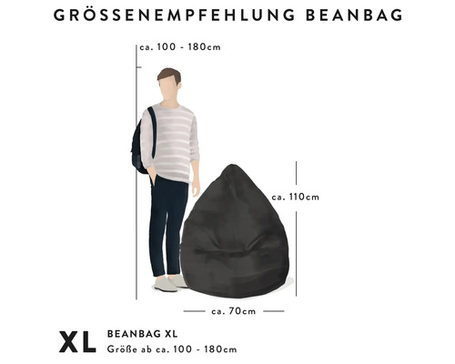 Odporúčanie veľkosti sedacieho vaku XL. Rozmery približne 70 centimetrov šírka a 110 centimetrov výška pre telesnú výšku 100 až 180 centimetrov.