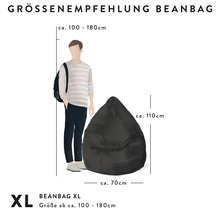 Odporúčanie veľkosti sedacieho vaku XL. Rozmery približne 70 centimetrov šírka a 110 centimetrov výška pre telesnú výšku 100 až 180 centimetrov.